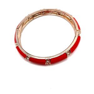 Red + Gold Tone Metal + Clamper Bracelet With Rhinestones -8 Inches